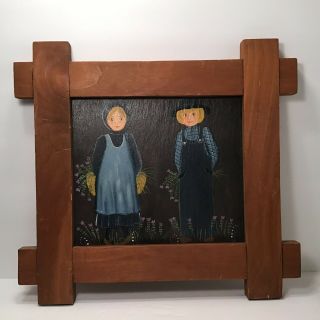 Vintage Hand Painted Amish Slate Wall Hanger With Wood Frame