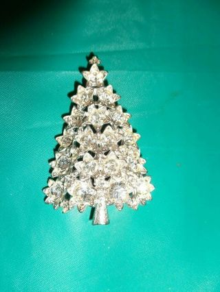 Vintage Silvertone Clear Rhinestone Christmas Tree Pin Brooch