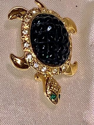 Vintage Deidre Hall Signed Tiny Dark Green Thermoset Turtle Brooch Pin