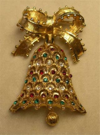 Signed Mylu Estate Vtg Gold Ep Emerald Ruby Rhinestone Christmas Bell Pin Brooch