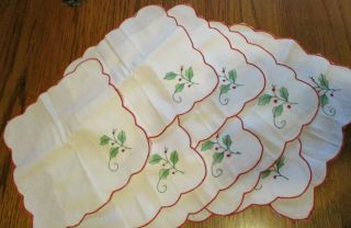 8 Vintage Embroidered Christmas Holly & Berries Cloth 8 " Napkins