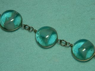 Vintage Aqua Glass Cabochon Bracelet - For Larger Wrist - 8 1/2 "