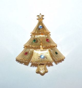 1876 Vtg Signed Jj Goldtone Red Blue Green Rhinestone Christmas Tree Pin Brooch