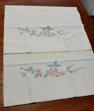 Vintage Embroidered Pillowcases - Blue Bird W/pink Flowers