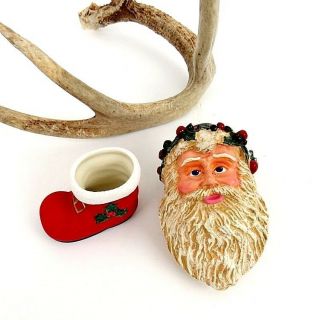 Vintage Silvestri Santa Head Christmas Ornament And Red Boot Toothpick Holder