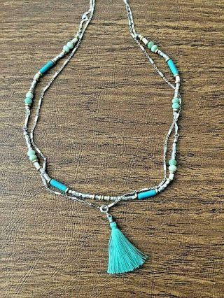 Vintage Stella & Dot Layered Turquoise Necklace W/ Tassel Charm