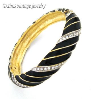 Vintage Gold Rhinestone Crystal Black Enamel Striped Hinged Bangle Bracelet