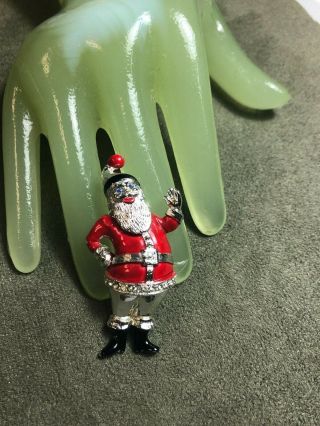 Vintage 2 1/4” Silvertone Enamel Rhinestone Holiday Christmas Santa Pin - C6