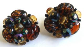 Vintage 1950s Shades Of Amber Glass Bead Cluster Earrings - Clip Ons - W Germany