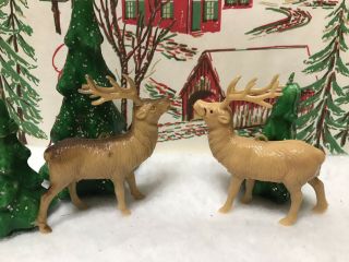 (2) Vintage Hard Plastic Brown/tan Reindeer Christmas Ornaments Decorations