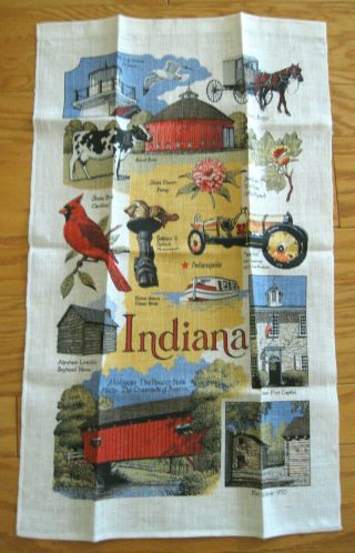 Vintage Colorful Indiana State Souvenir Linen Dish Tea Towel Richard Batchelder