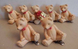 Vintage Set Of 7 " Teddy Bear " Christmas Ornament Ceramic Clip