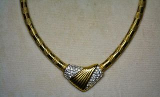 Signed Trifari Vintage Gold Ep Crystal Rhinestone Art Deco Omega Chain Necklace