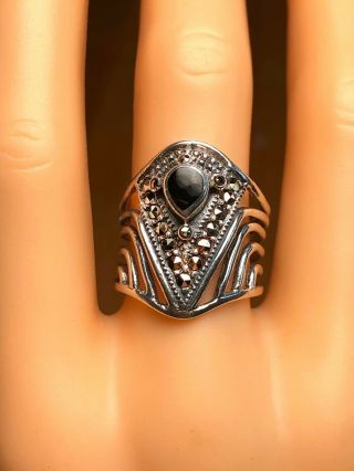 Vintage Ring Sterling Silver.  925 Black Pear Shaped Onyx Marcasite Sz 5.  5,  6.  1g 2
