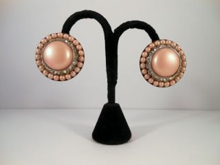 Vintage Signed Coro Large Pale Pink Faux Pearl Clear Rhinestone Button Earrings