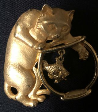 Vintage Jj Gold Tone Cat Fish Bowl Pin Brooch More Pins Listed