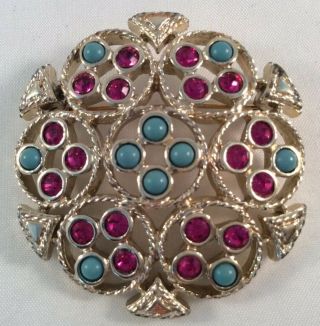 Vintage Sarah Coventry Faux Turquoise Pink Rhinestone Gold Tone Round Brooch