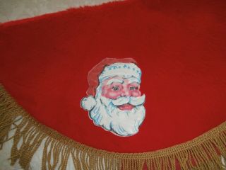 Vintage Red Christmas Tree Skirt Plastic Santa Face / Head Fringe 32 "