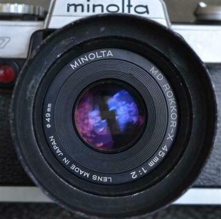 Minolta Md Rokkor - X 45mm 1:2 Lens W/ Xg7 Slr / Asahi Lens Hood