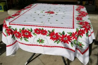 Vintage Christmas Holiday Printed Tablecloth Poinsettia 50 " X 60