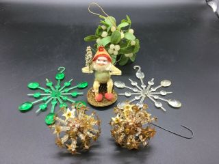 6 Vintage Xmas Ornaments Pinecone Elf Gnome Starburst Mistletoe Atomic Stars