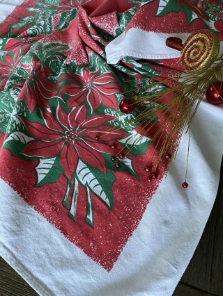 Vintage Mid Century Red Printed Cotton Christmas Tablecloth 