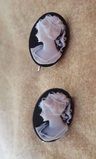Cameo Earrings,  Clip Style,  Blue With White,  Vintage,  Unsigned,  11/16 " X 1/2 "