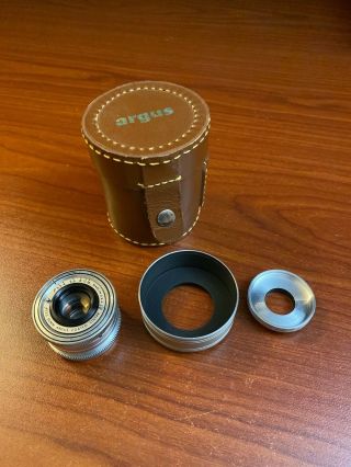 Vintage Argus Coated Cintar F/3.  5 50mm Camera Lens & Leather Case,  Hood