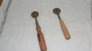 2 Vintage Wood Handle Ravioli Edge Cutter Crimper With Brass Wheel