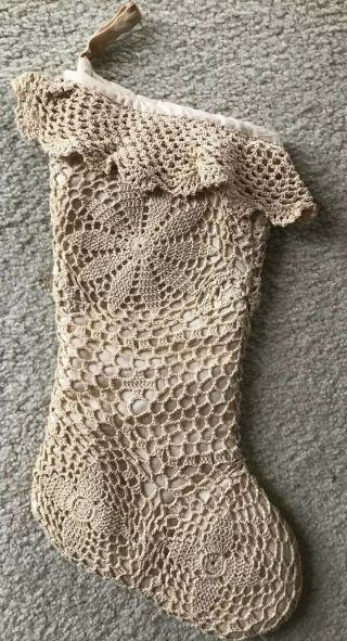 Crocheted Christmas Stocking Vintage 16 " Hand - Made Beige Thread