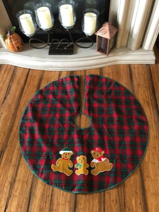 Vtg Christmas Tree Skirt Teddy Bear Family Red Green Plaid 34 " Diameter