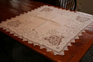 Vintage Fab Petite Linen Tablecloth 34x34 Gorgeous Cut Work Lace Embroidery,