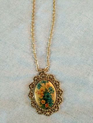 Vintage Double Sided Floral Pendant W/mirror 24 " Chain Gold Finish Link