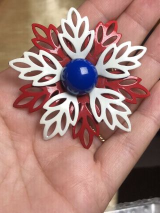 Vtg Estate Red White And Blue Brooch Pin Enamel Flower