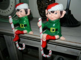 2 Vintage Jsny Hard Plastic Elf Christmas Stocking Hangers Candy Cane Hooks Cute