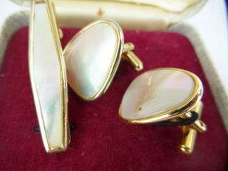 Vintage Real Mother Of Pearl Cuff Links Tie Clip Men 