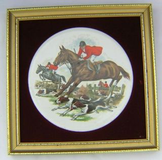 Vintage English Fox Hunting Scene Hand Made Plaque Horses Mounted Framed Small