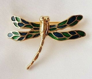 Dragonfly Brooch Vintage Gold Tone With Green & Blue Enamel