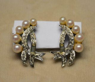 Signed Weiss Vtg Silver Tone Crystal Rhinestone Faux Pearl Clip Earrings