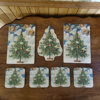 Vintage Christmas Tree With Angels Cork Back Coaster (4) And Trivet (3) Set