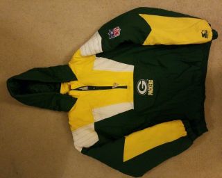 Vtg 90’s Green Bay Packers Mens Starter Pullover Jacket Hooded Green & Yellow Xl