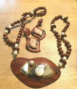 Vintage Wooden Beaded Necklace & Pierced Earrings W Polished Stones Chunky