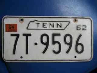 1962 Tennessee License Plate With 64 Sticker,  7t - 9596