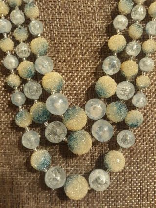 Vintage 60 ' s 3 Strand Beaded Necklace Ice Blue Sugared Beads Japan 2