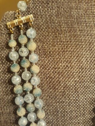 Vintage 60 ' s 3 Strand Beaded Necklace Ice Blue Sugared Beads Japan 3