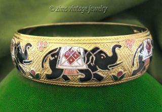 Vintage Ethnic India White Black Red Enamel Elephant Floral Gold Bangle Bracelet
