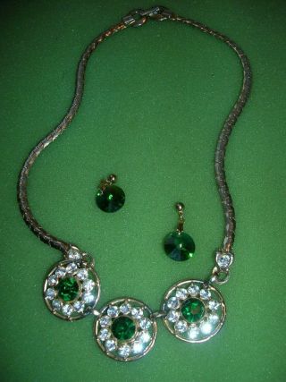 Vintage Sparkle Green/clear Rhinestone/goldtone Flower Link Necklace/earrings
