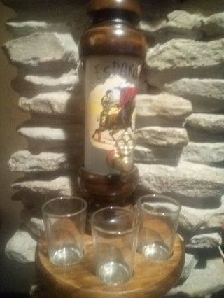 Wooden Bourbon Dispenser Espana/ Bull Fighting /3 Shot Glass Vintage Spain