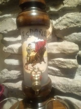 Wooden Bourbon Dispenser espana/ bull fighting /3 shot glass vintage Spain 2