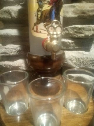 Wooden Bourbon Dispenser espana/ bull fighting /3 shot glass vintage Spain 3